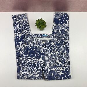 J. McLaughlin Blue White Floral Tropical Denim Jeans Women Size 2 Gold Button